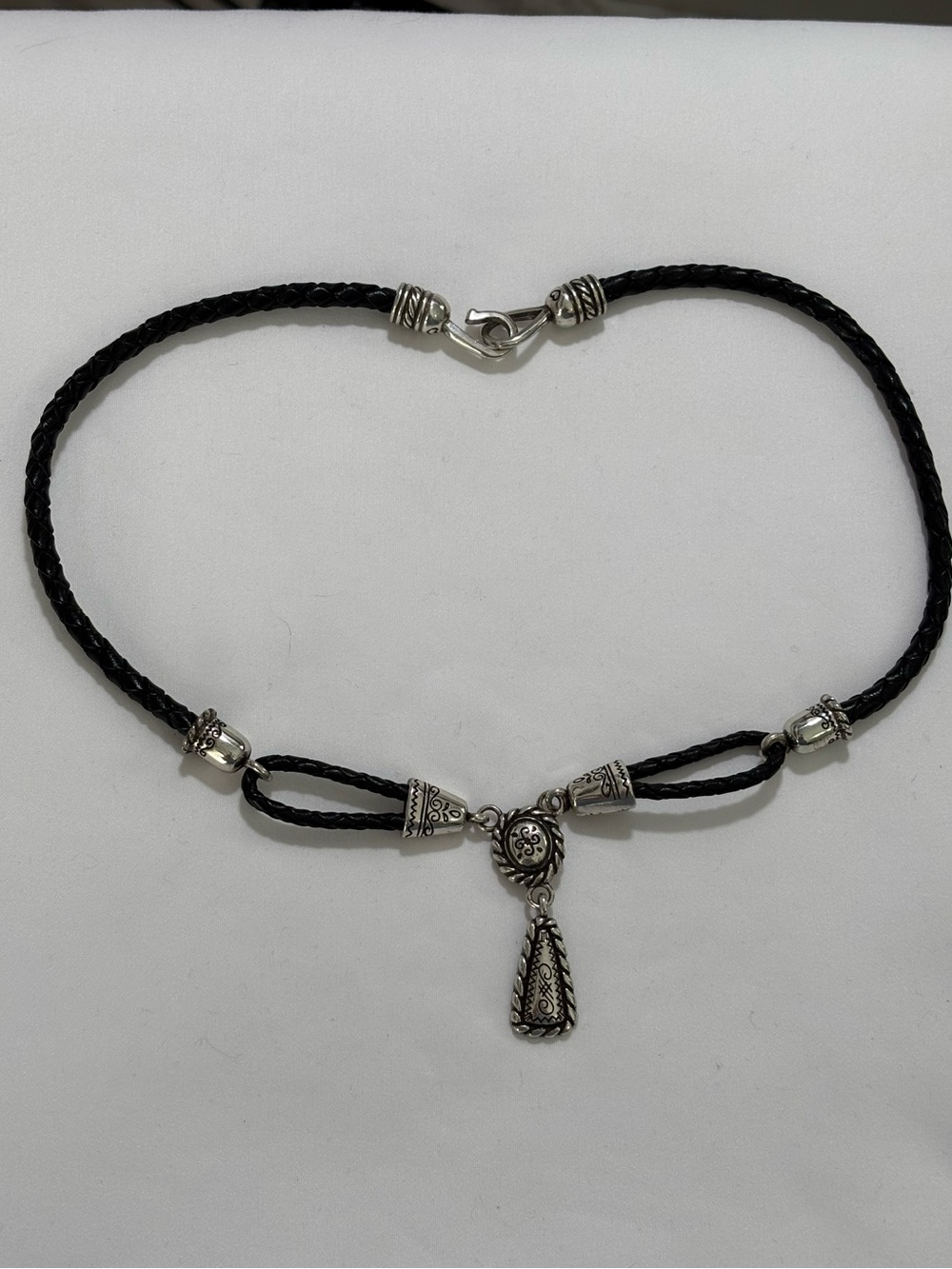 Vintage Brighton Black and Silver Braided Cord Pendant Necklace Lariat Style 19” - Picture 1 of 5